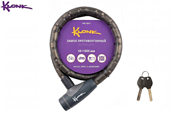Замок KLONK противоугонный, 18x1000 мм, трос, звенья в пластик. оплетке, ключи, KLK-13012, Black