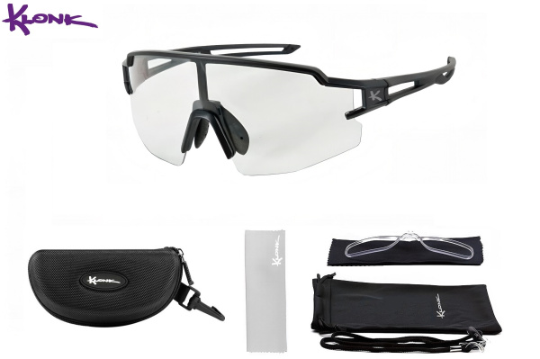 Очки спортивные "KLONK" Photochromic (фотохромные, поляризационные сменные линзы, антиблик, диоптрическая вставка), EVA чехол, Full Black, KLK-16008