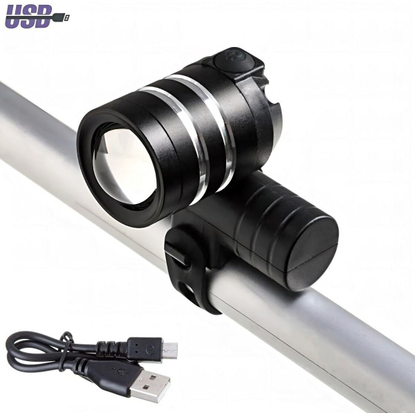 Фара передняя RAPIDA, 2 COB LED, (фонарь налобный), USB кабель, аккумулятор 1200 mAh,  настраиваемый ZOOM, с креплением на руль (УТ00025858)