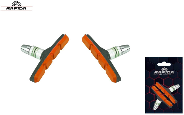 Тормозные колодки 70 мм (пара) V-Brake, BS-124, двухкомпонентные, RAPIDA, блистер (оранжевый/черный, УТ00027529)