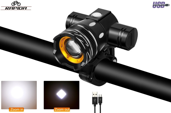 Фара передняя RAPIDA, XML T6 LED, алюминиевый корпус, USB кабель, аккумулятор 1200 mAh, настраиваемый ZOOM, IPX3 Waterproof, 5 режимов работы, RP-7602 (УТ00025856)