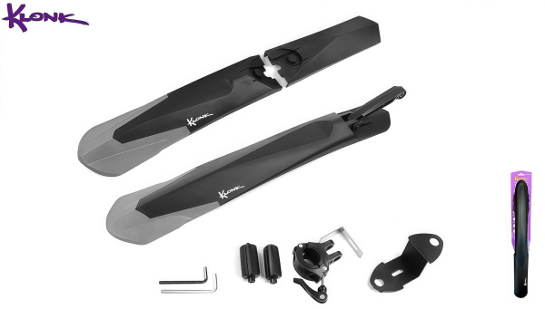 KLONK Комплект крыльев, 24"-29", MTB, переднее - в шток вилки, заднее быстросъемное- на подседельный штырь, для покрышек max. 2,40", Black/Grey, KLK-14002