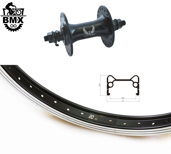 Колесо в сборе 20" BMX переднее, алюминиевая втулка, 48H, 3/8" (гайка), усиленный фрезерованный анодированный алюминиевый обод (УТ00026334)