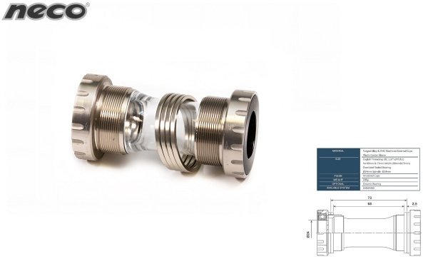 Каретка-картридж NECO BB401 MTB, с внешними чашкам, стандарт Hollowtech 2 (24 мм), BC1.37”X24T, промподшипники, под стакан 68/73 мм, BB401 (HQ0015356)