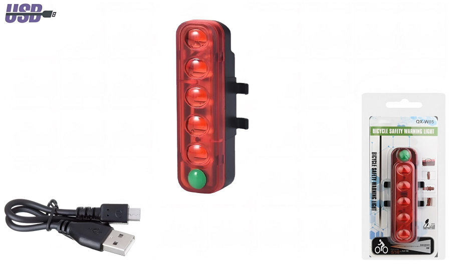 Фонарь задний RAPIDA аккумуляторный, 500 mAh, USB кабель, 5 LED V8, 300 Lumens, 3 режима работы, влагозащищенный корпус, блистер, QX-W05 (УТ00028308)