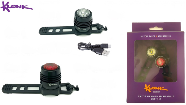 Фонари (комплект: LED передн.+задн.), micro USB, 1 диод (0.5 Вт), 4 режима работы, LiPo 3,7 V/ 220 mAh, KLONK 11951 (УТ00024150)