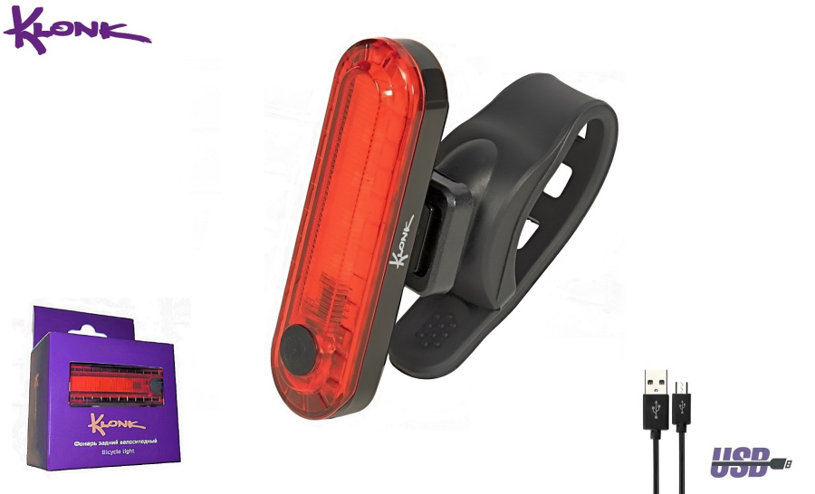 Фонарь задний KLONK, LED, аккумулятор 300 mAh, USB кабель, 50 Lumens, влагозащищенный IPX4, 4 режима работы, KLK-22008