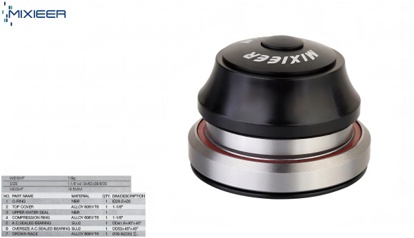 Рулевая колонка QLP-40F, 1-1/8", интегрированная, безрезьбовая, IS 41,8/28,6  IS 39.8/30.0, промподшипники OD52x45°x45°/OD41.8x45°x45°, с якорем, высота 18,5 мм (черный, QLP-40F)