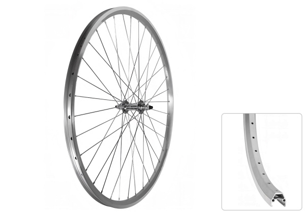 Колесо в сборе 28" переднее, втулка SF-HB03FR (SL), V-Brake, 3/8" (гайка), двустеночный алюминиевый фрезерованный обод, серебристый (УТ00033010)